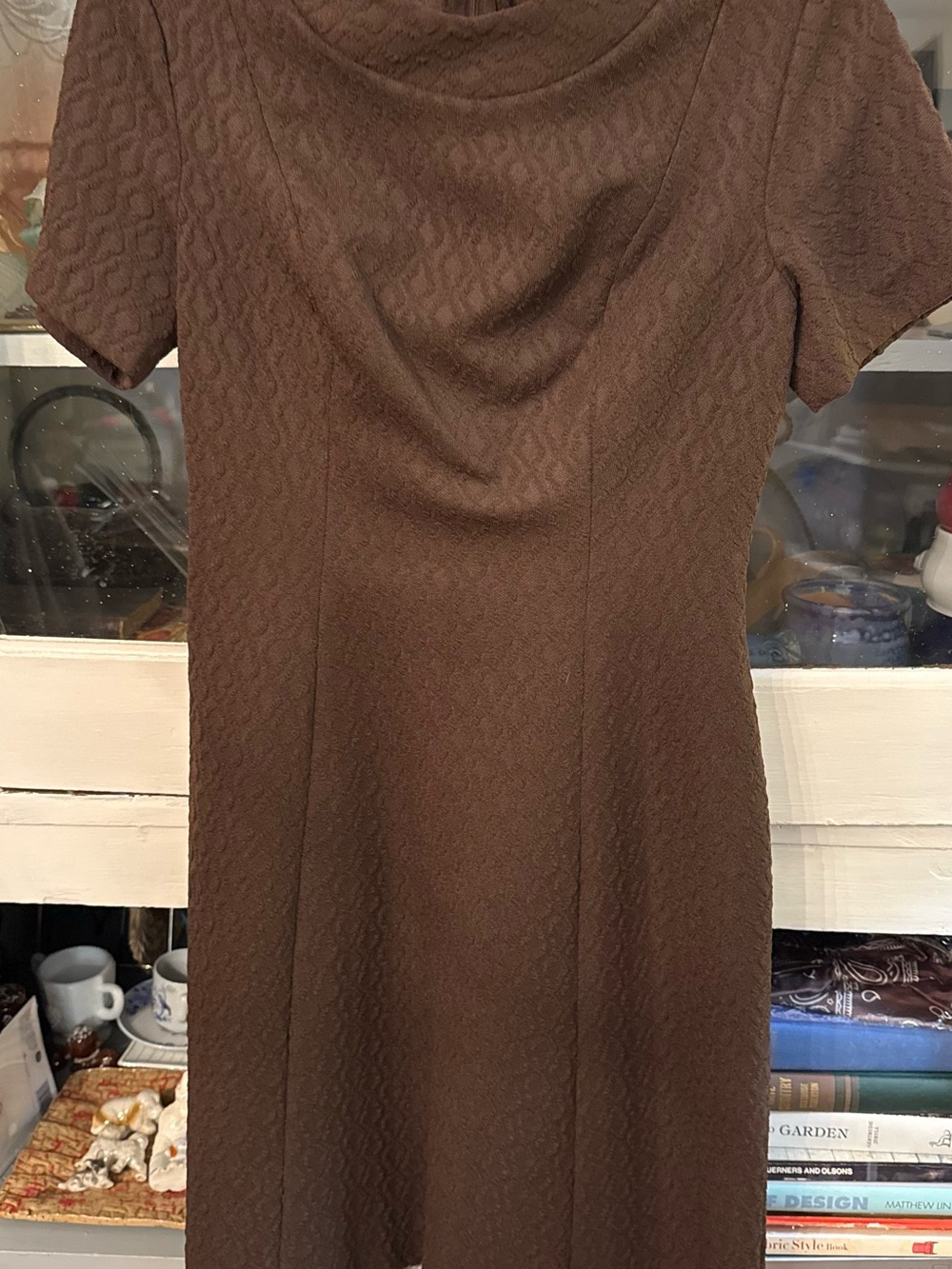 Classic Brown Textured Midi Dress with Cowl Neck